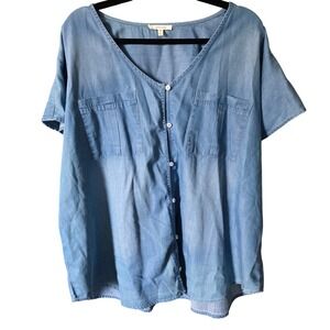 Maurices Denim Chambray V Neck Button Front‎ Shirt Top Womens 2X Blue